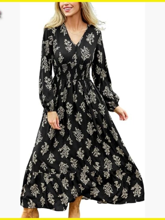 Dresses & Skirts - Floral Maxi Dress V Neck Long Puff Sleeve Smocked Waist Ruffle Boho Festival